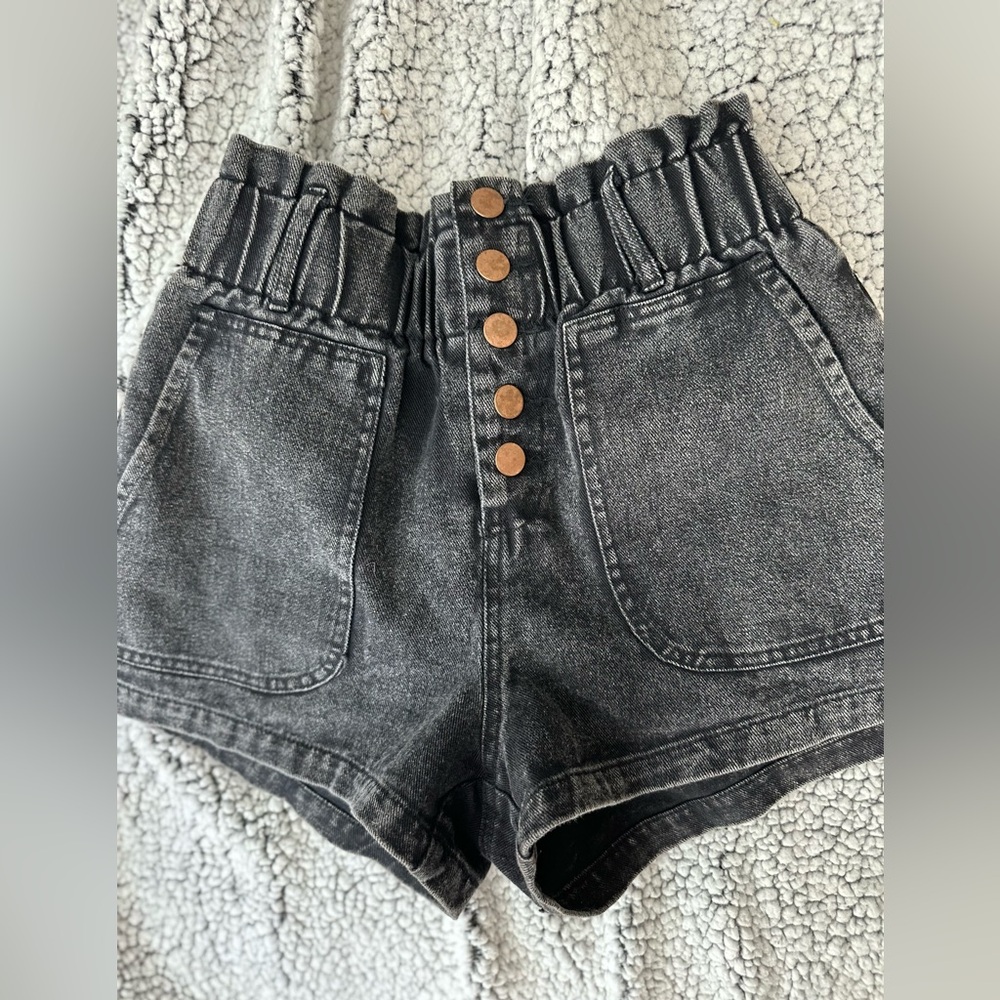 Charcoal denim paper bag high waist shorts